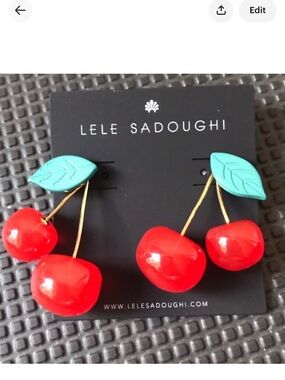 NWOT Lele Sadoughi Red Cherry Drop Earrings with Teal Leaves
